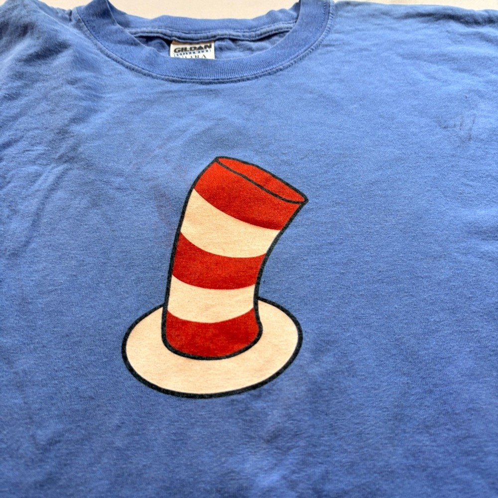 Gildan Dr Seuss Cat‎ in the Hat Graphic T-Shirt Mens Large Blue Short Sleeve Tee